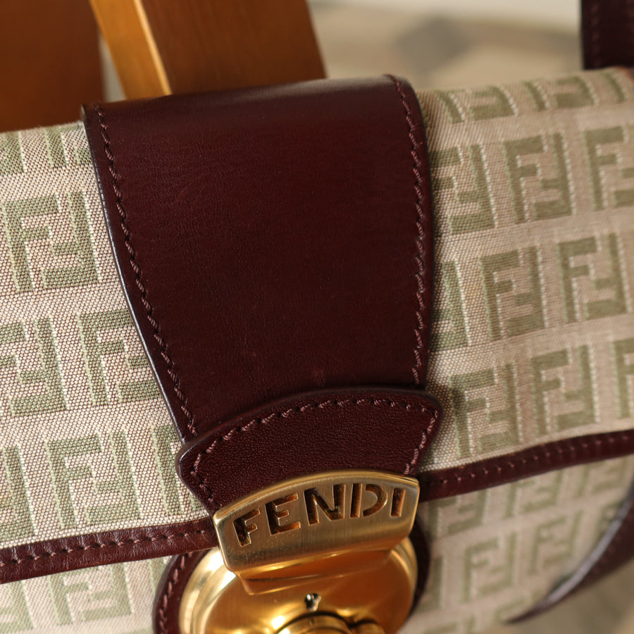 Fendi Vintage Brown Zucchino Canvas Leather Shoulder Bag