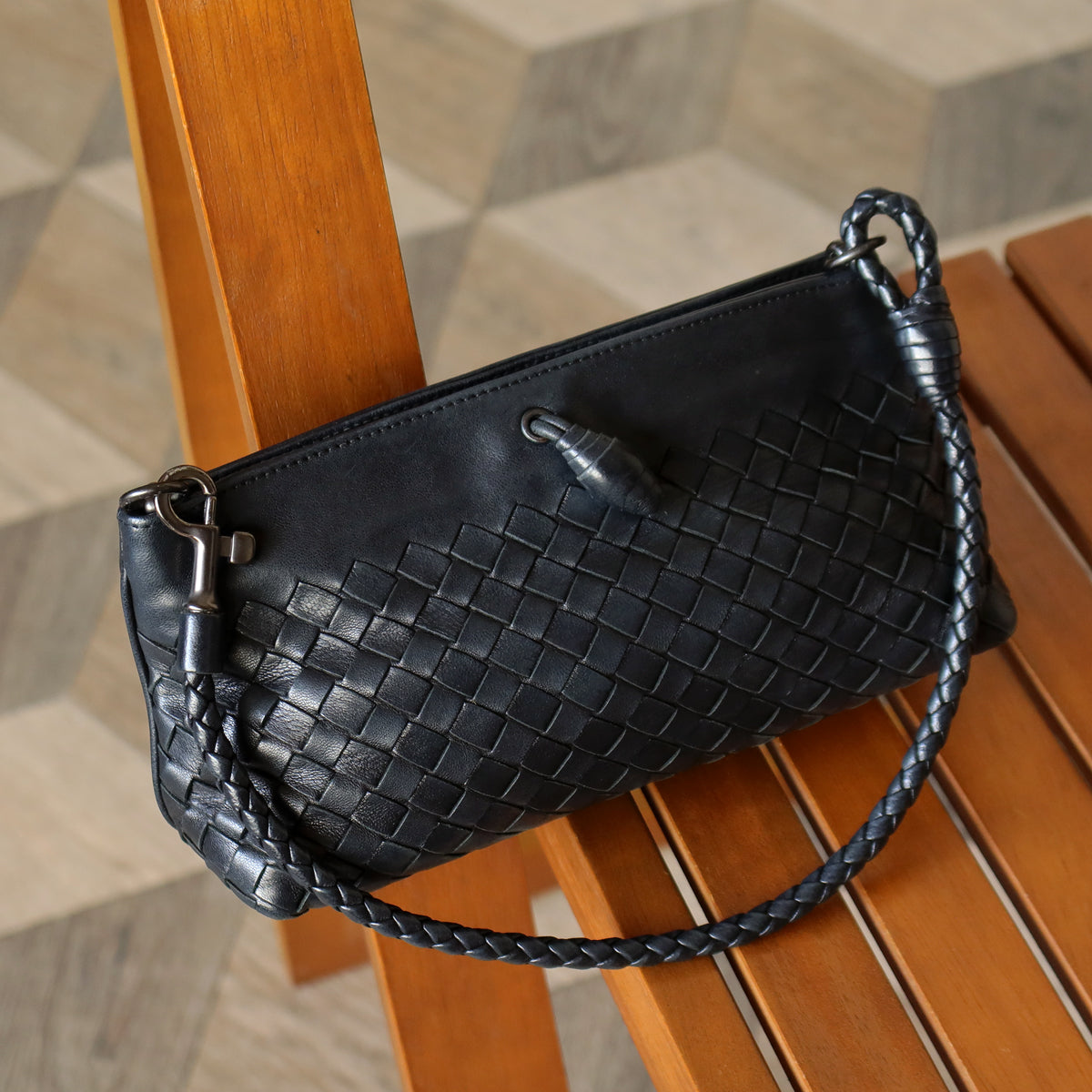 Bottega Veneta Vintage Black Intrecciato Weave Mini Pochette Clutch Shoulder Bag