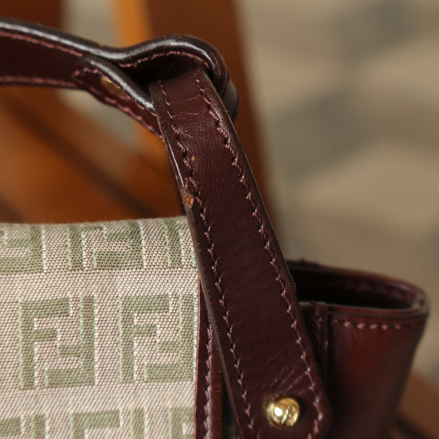 Fendi Vintage Brown Zucchino Canvas Leather Shoulder Bag