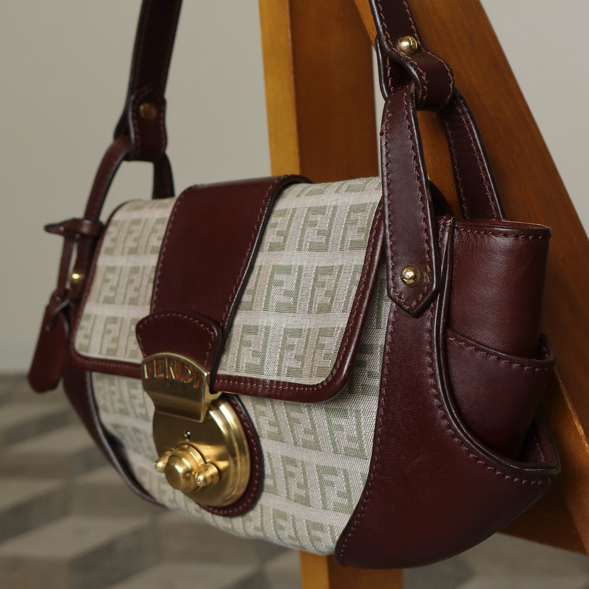 Fendi Vintage Brown Zucchino Canvas Leather Shoulder Bag