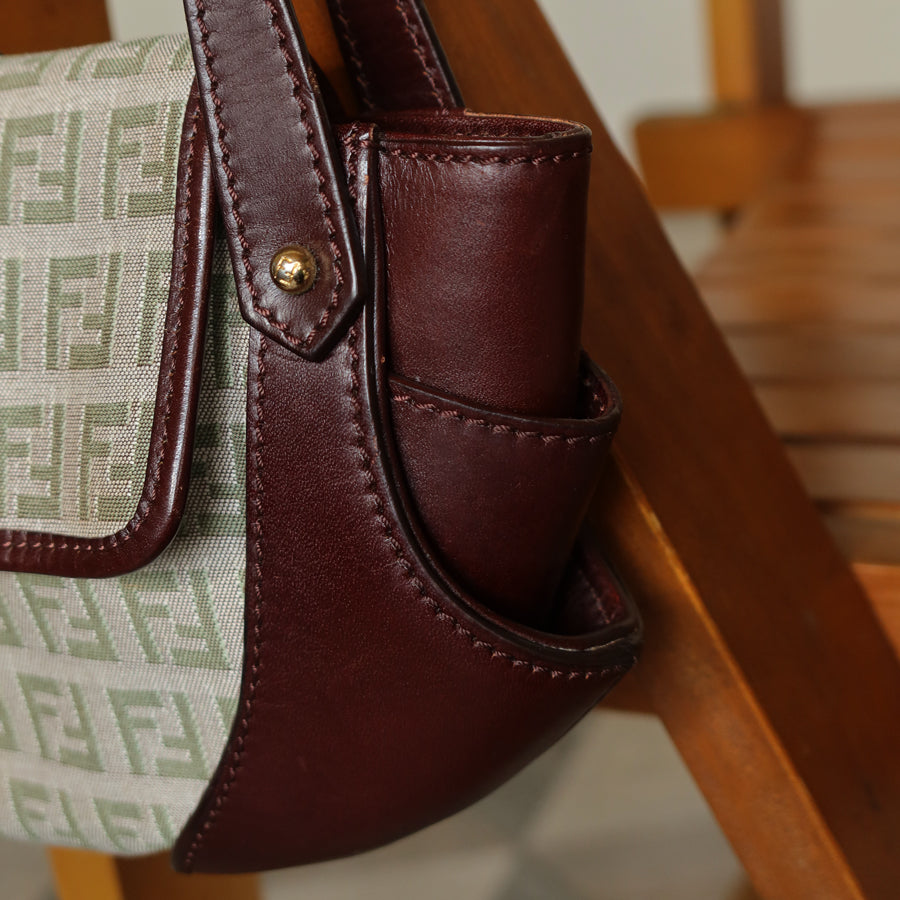 Fendi Vintage Brown Zucchino Canvas Leather Shoulder Bag