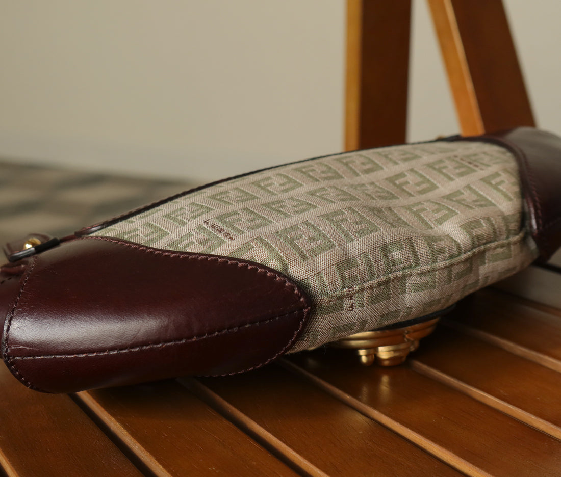 Fendi Vintage Brown Zucchino Canvas Leather Shoulder Bag