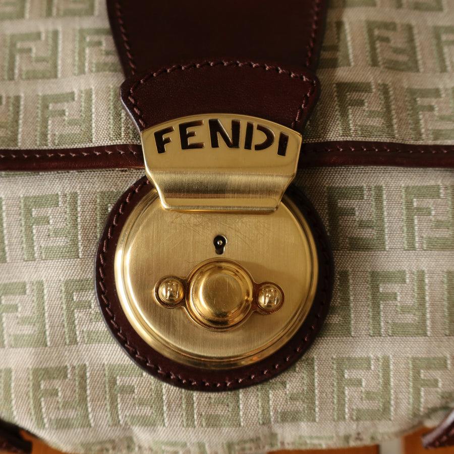 Fendi Vintage Brown Zucchino Canvas Leather Shoulder Bag
