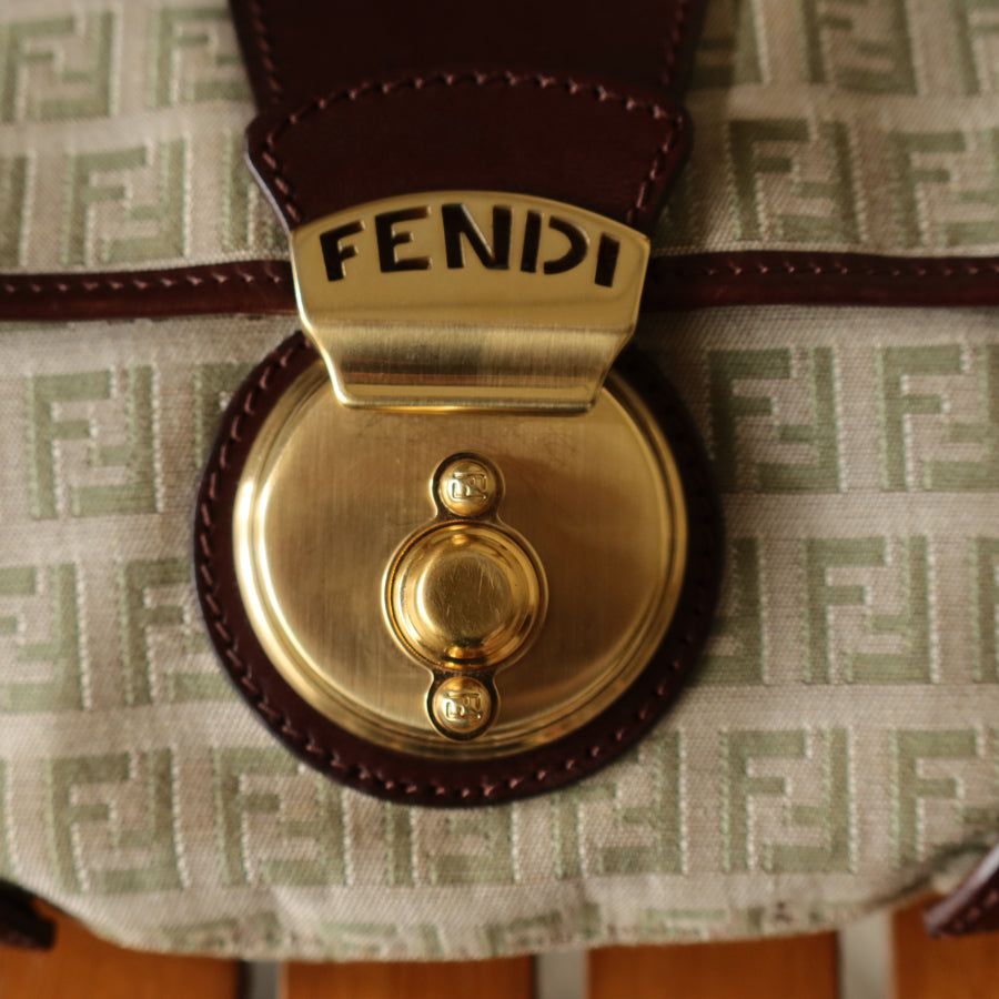 Fendi Vintage Brown Zucchino Canvas Leather Shoulder Bag