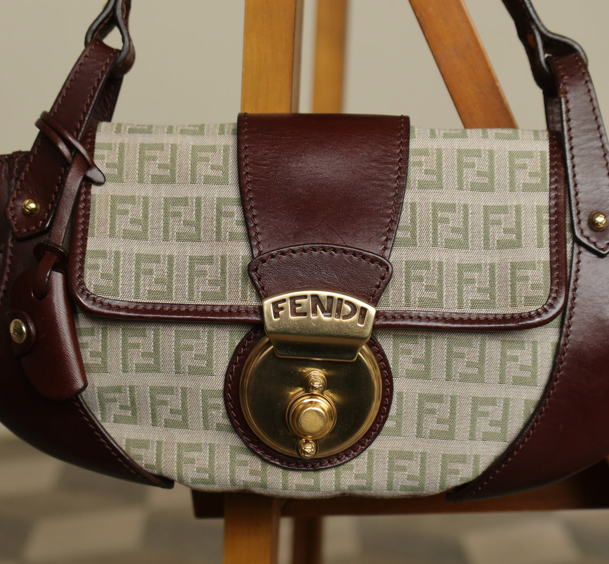 Fendi Vintage Brown Zucchino Canvas Leather Shoulder Bag