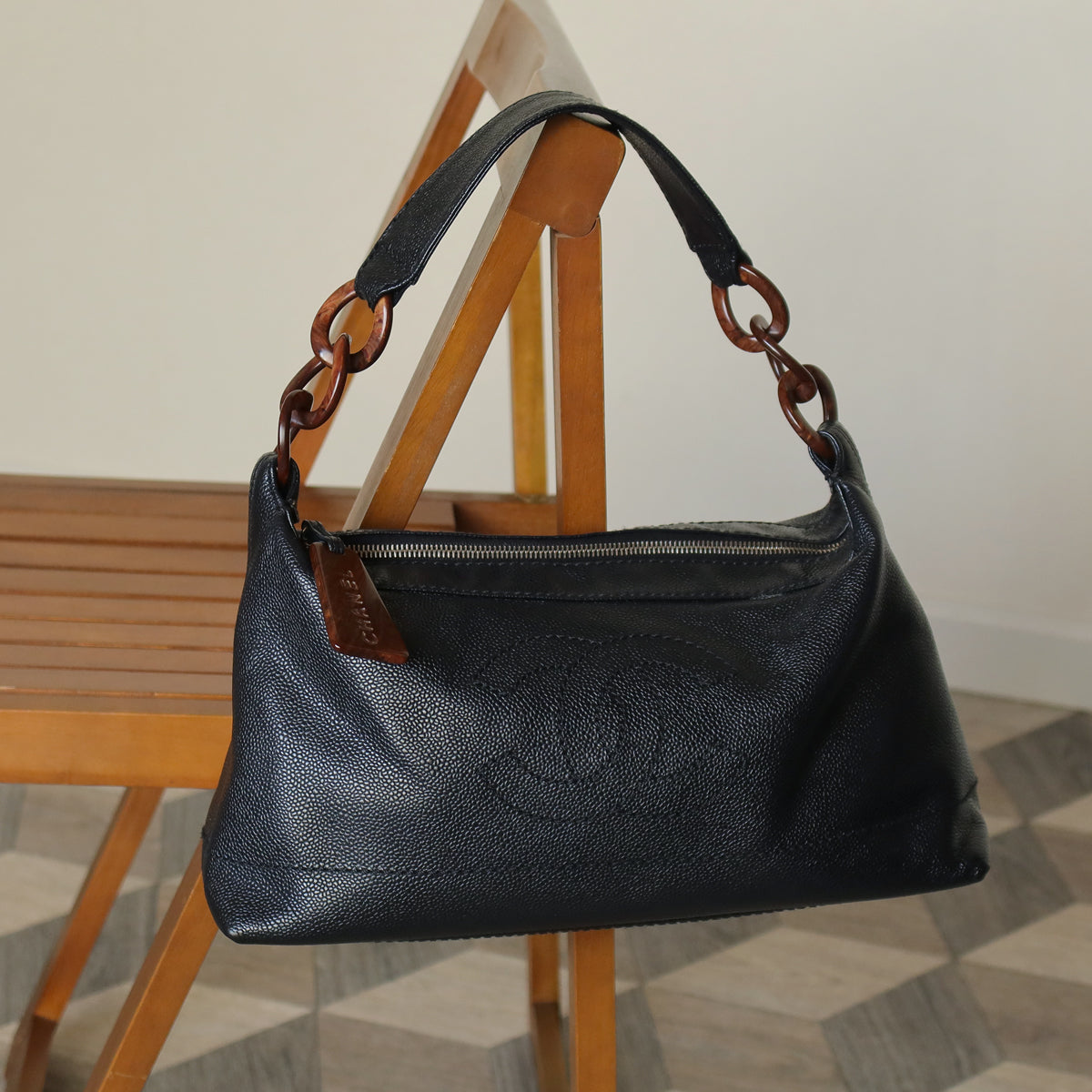 Chanel Vintage Black Caviar Leather Hobo Coco Charm Shoulder Bag M