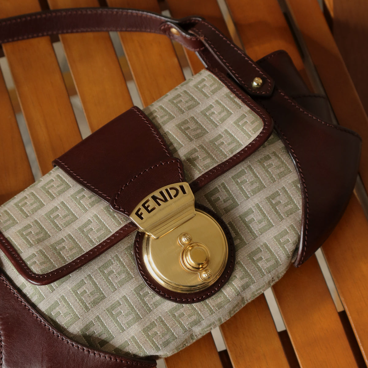 Fendi Vintage Brown Zucchino Canvas Leather Shoulder Bag