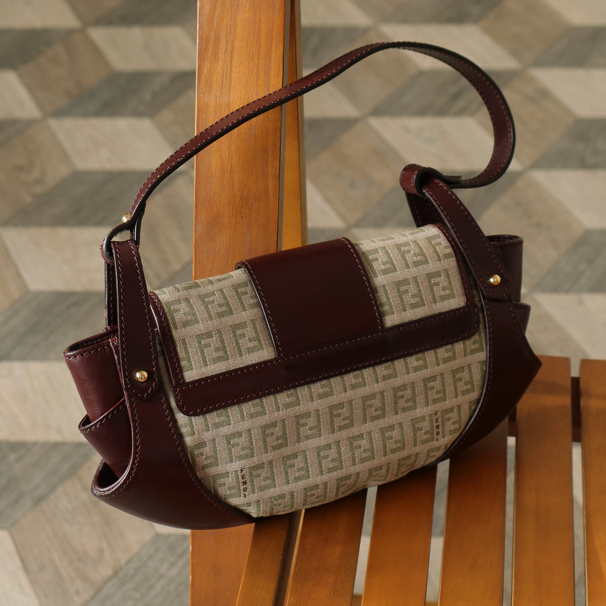 Fendi Vintage Brown Zucchino Canvas Leather Shoulder Bag
