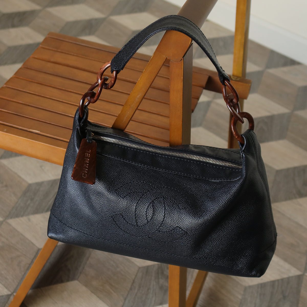 Chanel Vintage Black Caviar Leather Hobo Coco Charm Shoulder Bag M