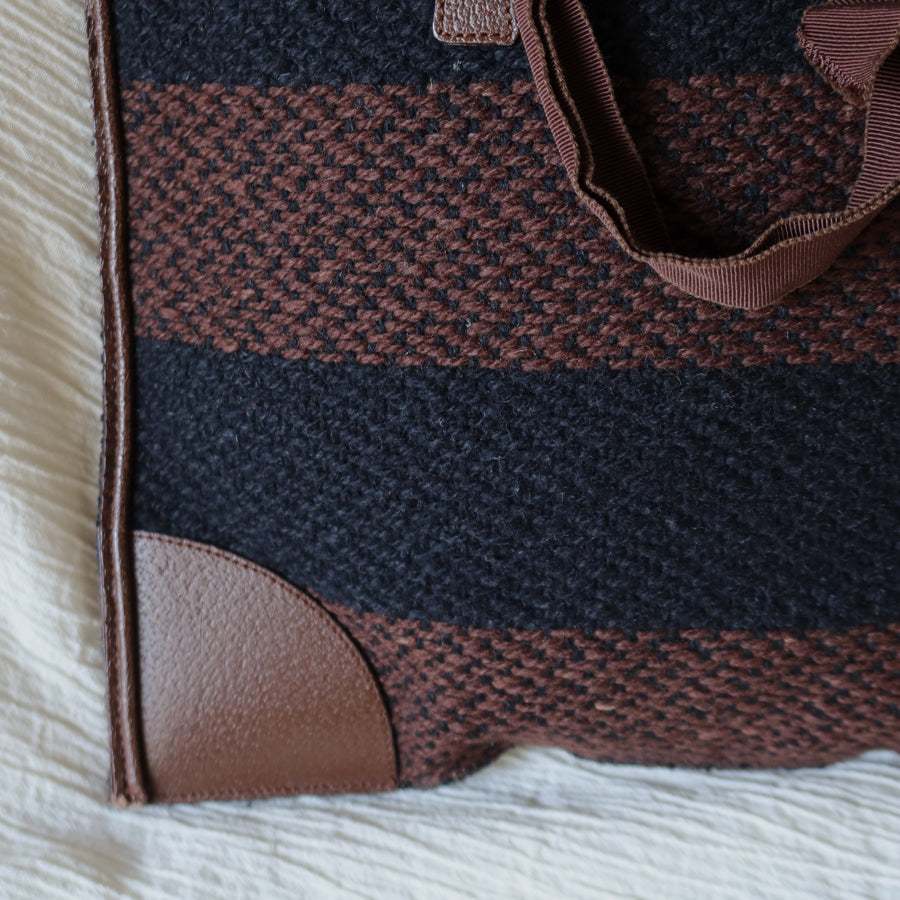 Prada Vintage Brown Black Wool Tweed x Leather Flat Tote Bag