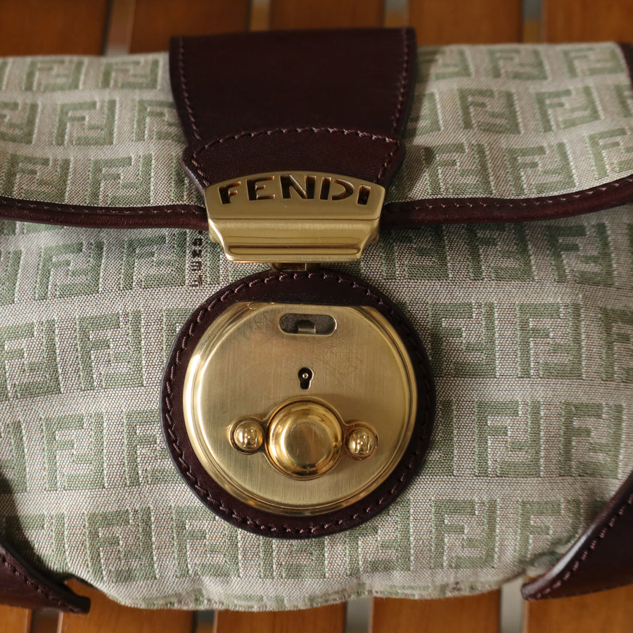 Fendi Vintage Brown Zucchino Canvas Leather Shoulder Bag