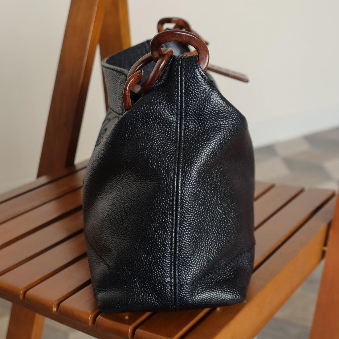 Chanel Vintage Black Caviar Leather Hobo Coco Charm Shoulder Bag M