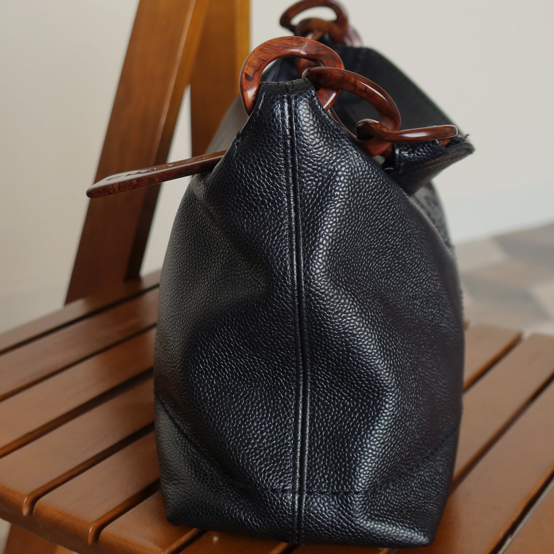 Chanel Vintage Black Caviar Leather Hobo Coco Charm Shoulder Bag M