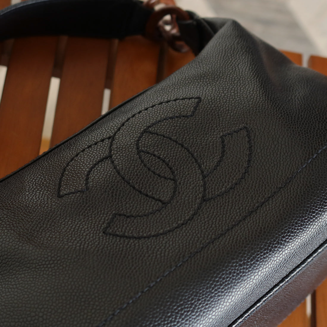 Chanel Vintage Black Caviar Leather Hobo Coco Charm Shoulder Bag M