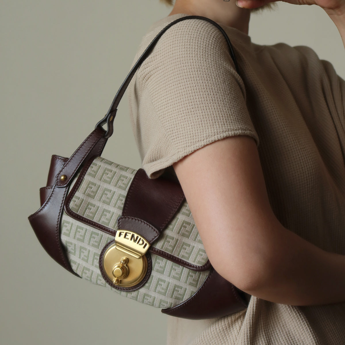 Fendi Vintage Brown Zucchino Canvas Leather Shoulder Bag