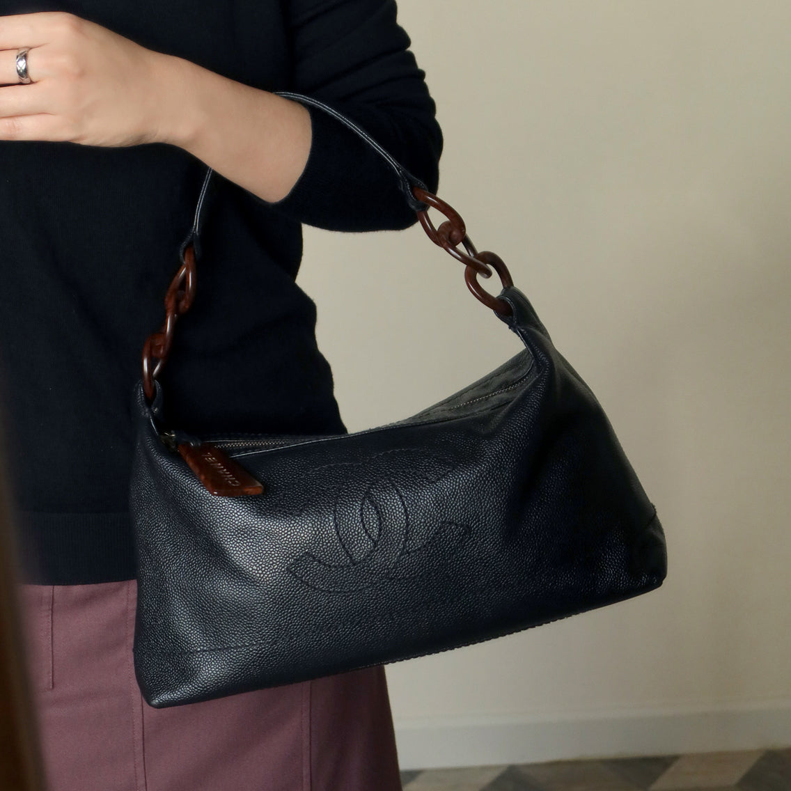 Chanel Vintage Black Caviar Leather Hobo Coco Charm Shoulder Bag M