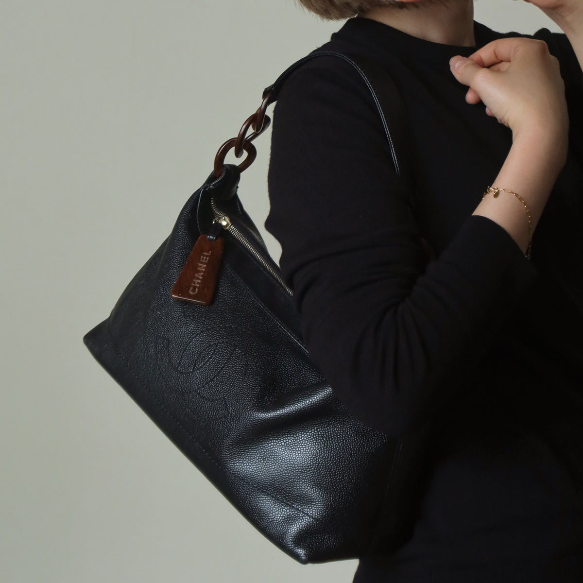 Chanel Vintage Black Caviar Leather Hobo Coco Charm Shoulder Bag M