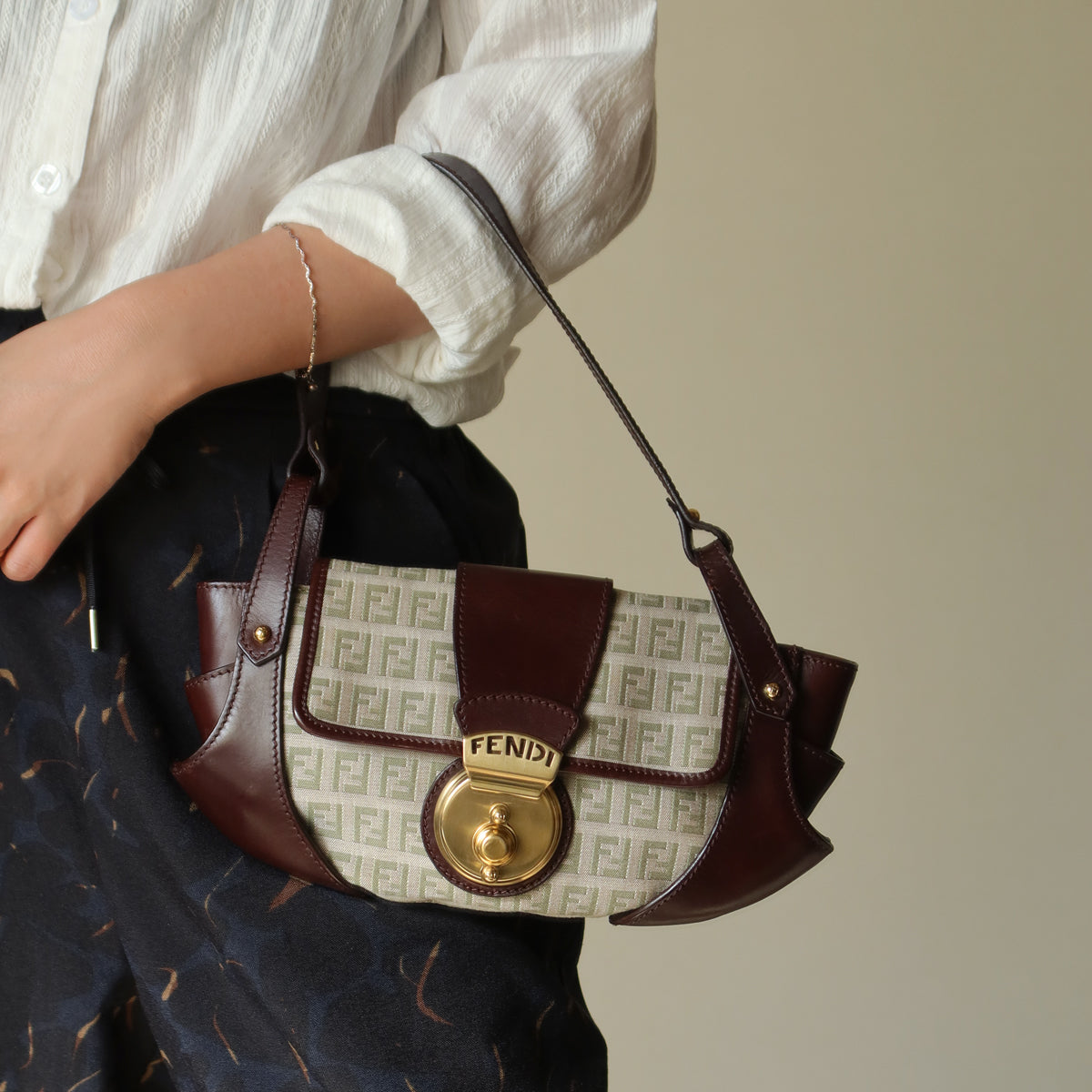 Fendi Vintage Brown Zucchino Canvas Leather Shoulder Bag