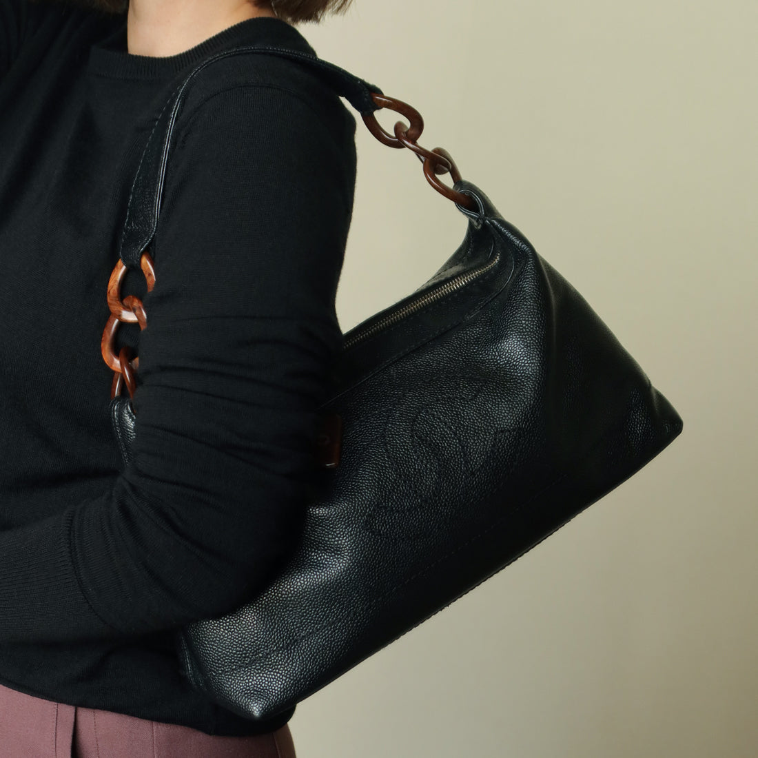 Chanel Vintage Black Caviar Leather Hobo Coco Charm Shoulder Bag M