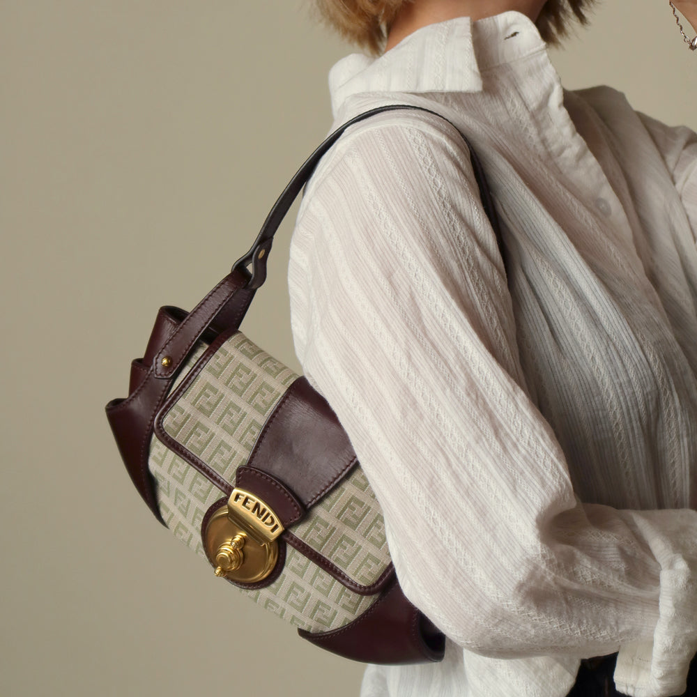 Fendi Vintage Brown Zucchino Canvas Leather Shoulder Bag