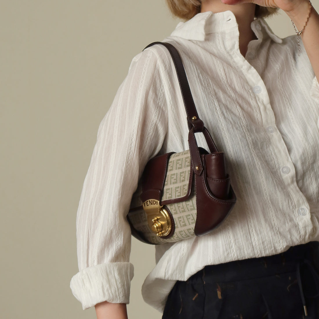 Fendi Vintage Brown Zucchino Canvas Leather Shoulder Bag