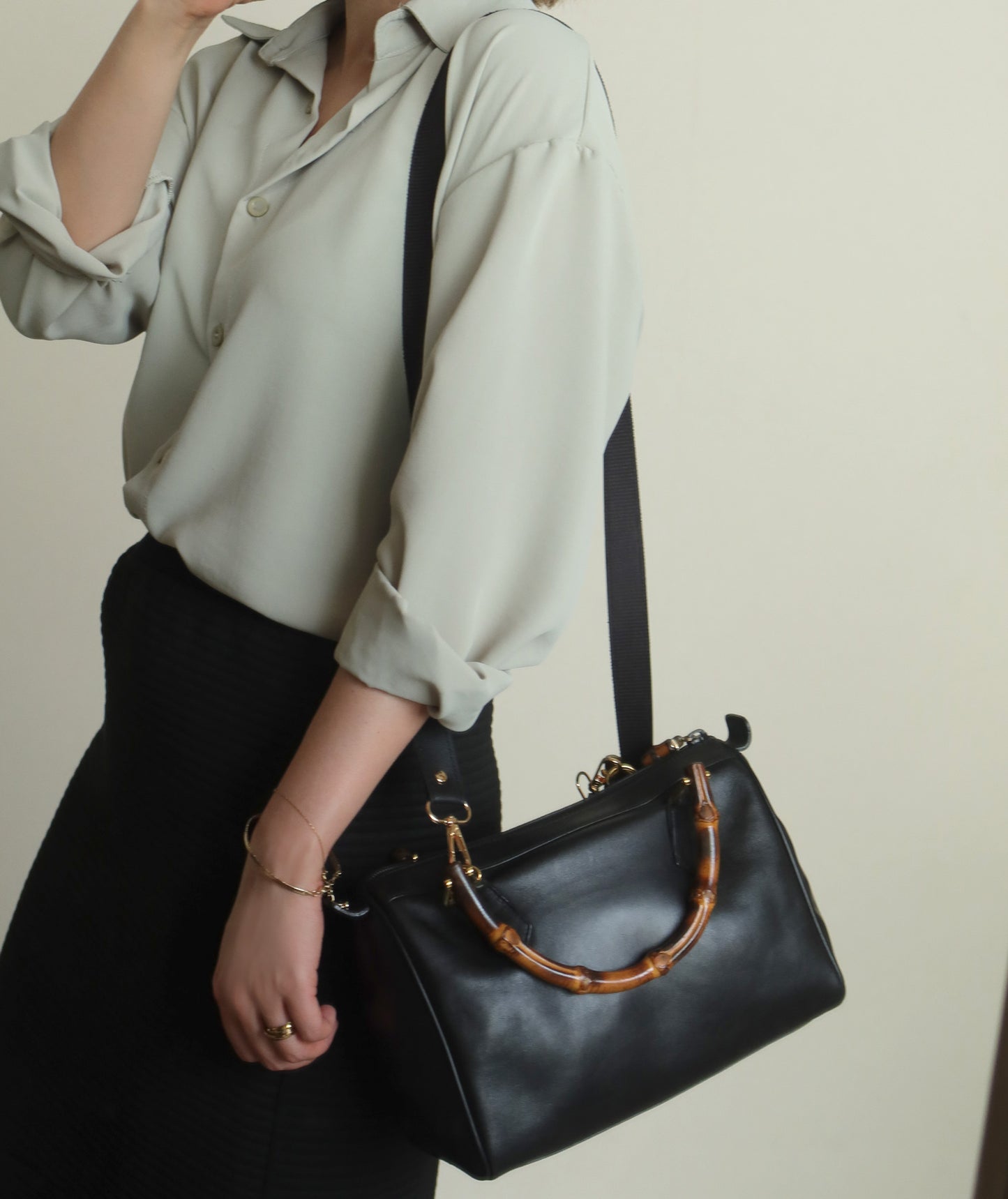 Gucci Vintage Black Leather Bamboo Handle Mini Boston 2 way Bag