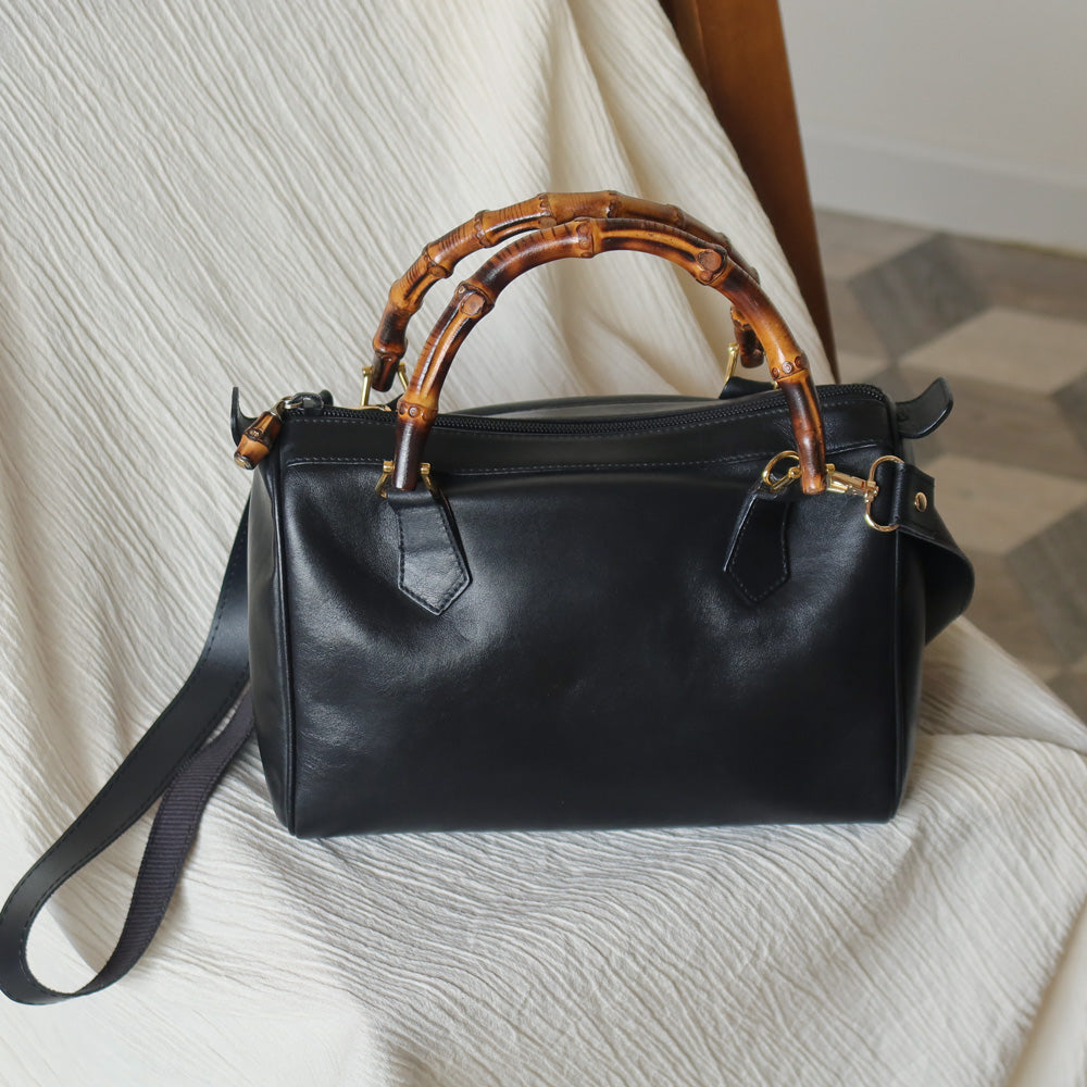 Gucci Vintage Black Leather Bamboo Handle Mini Boston 2 way Bag