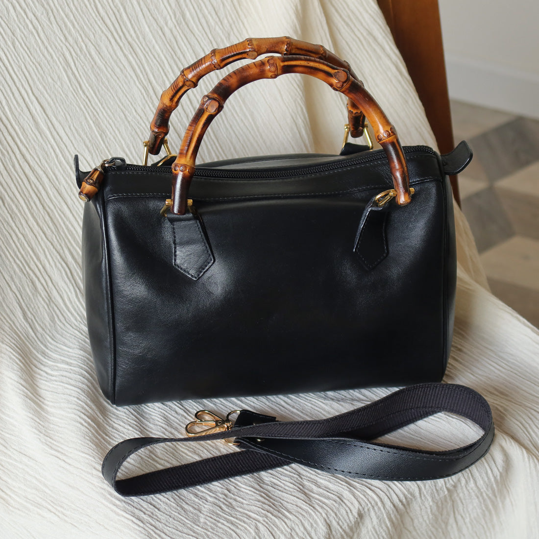 Gucci Vintage Black Leather Bamboo Handle Mini Boston 2 way Bag