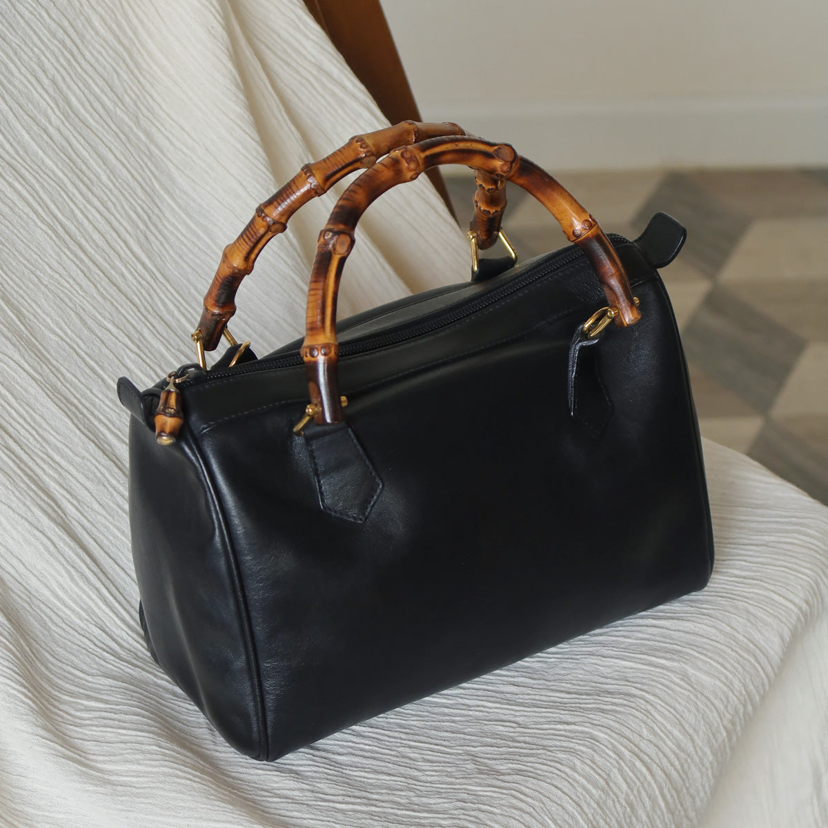 Gucci Vintage Black Leather Bamboo Handle Mini Boston 2 way Bag