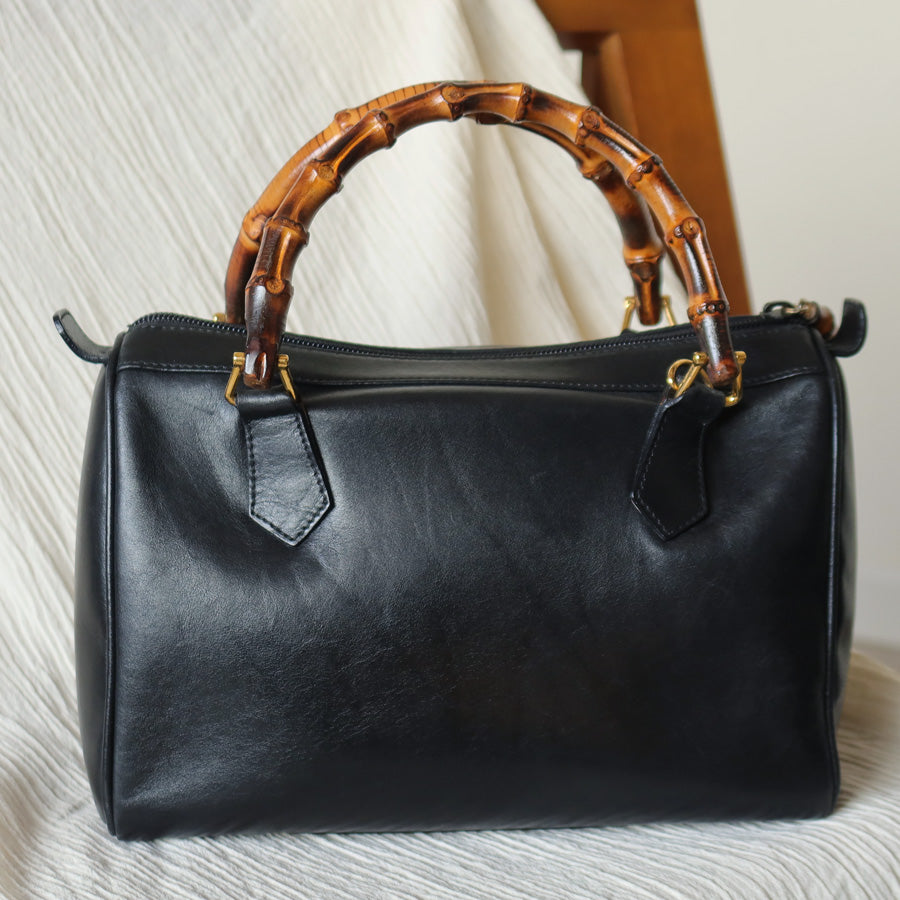 Gucci Vintage Black Leather Bamboo Handle Mini Boston 2 way Bag