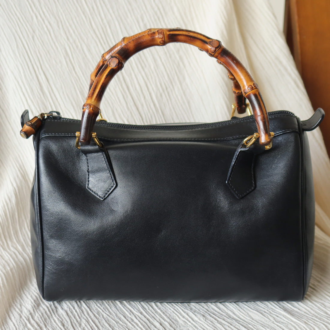 Gucci Vintage Black Leather Bamboo Handle Mini Boston 2 way Bag