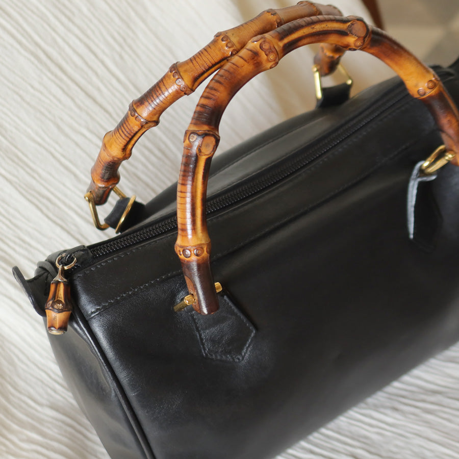 Gucci Vintage Black Leather Bamboo Handle Mini Boston 2 way Bag