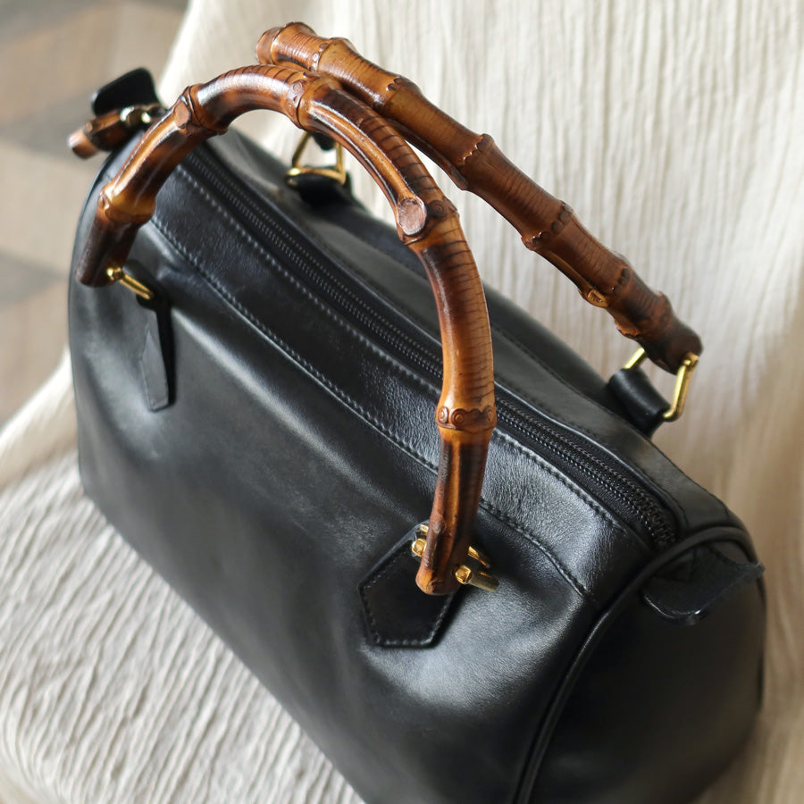 Gucci Vintage Black Leather Bamboo Handle Mini Boston 2 way Bag