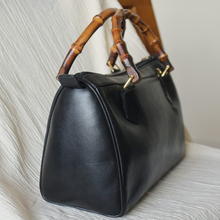 Gucci Vintage Black Leather Bamboo Handle Mini Boston 2 way Bag