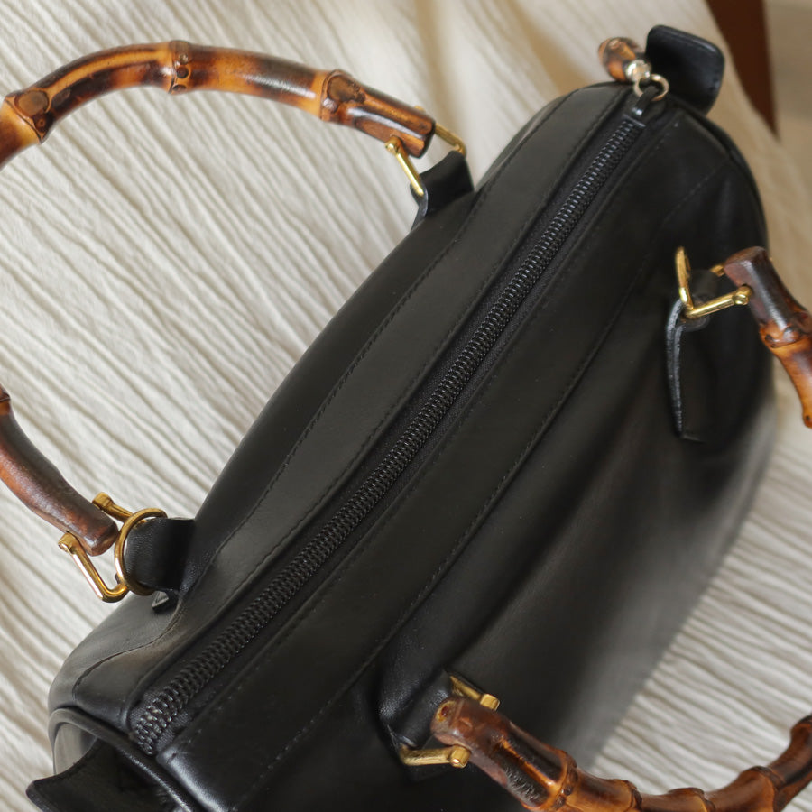Gucci Vintage Black Leather Bamboo Handle Mini Boston 2 way Bag
