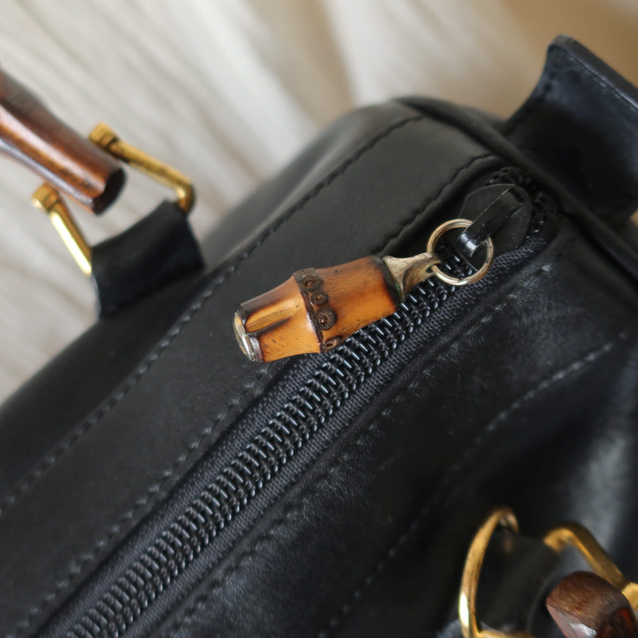 Gucci Vintage Black Leather Bamboo Handle Mini Boston 2 way Bag