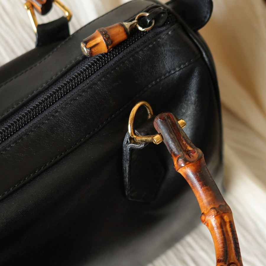 Gucci Vintage Black Leather Bamboo Handle Mini Boston 2 way Bag
