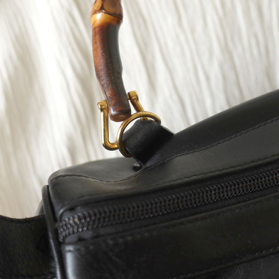 Gucci Vintage Black Leather Bamboo Handle Mini Boston 2 way Bag