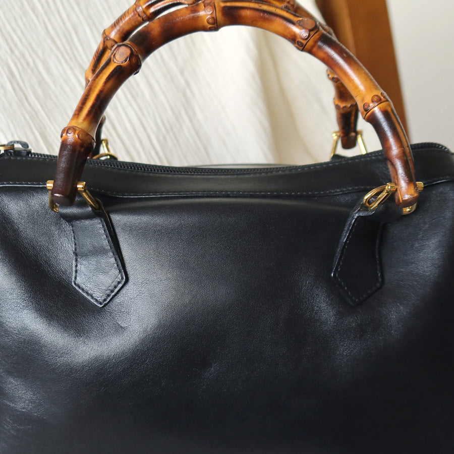 Gucci Vintage Black Leather Bamboo Handle Mini Boston 2 way Bag