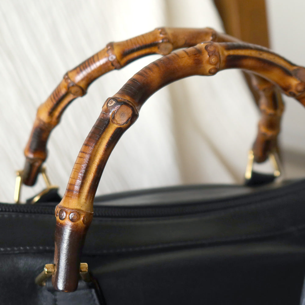 Gucci Vintage Black Leather Bamboo Handle Mini Boston 2 way Bag