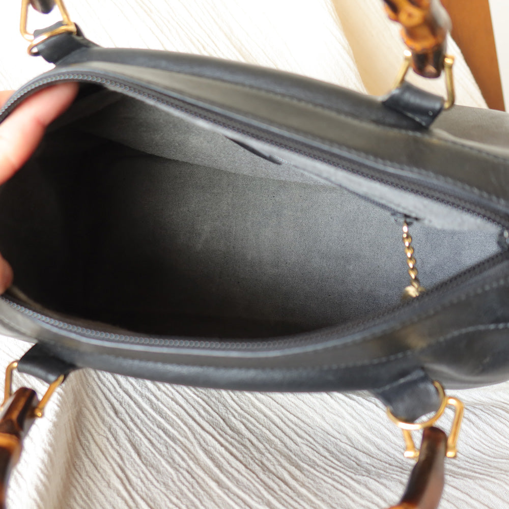 Gucci Vintage Black Leather Bamboo Handle Mini Boston 2 way Bag