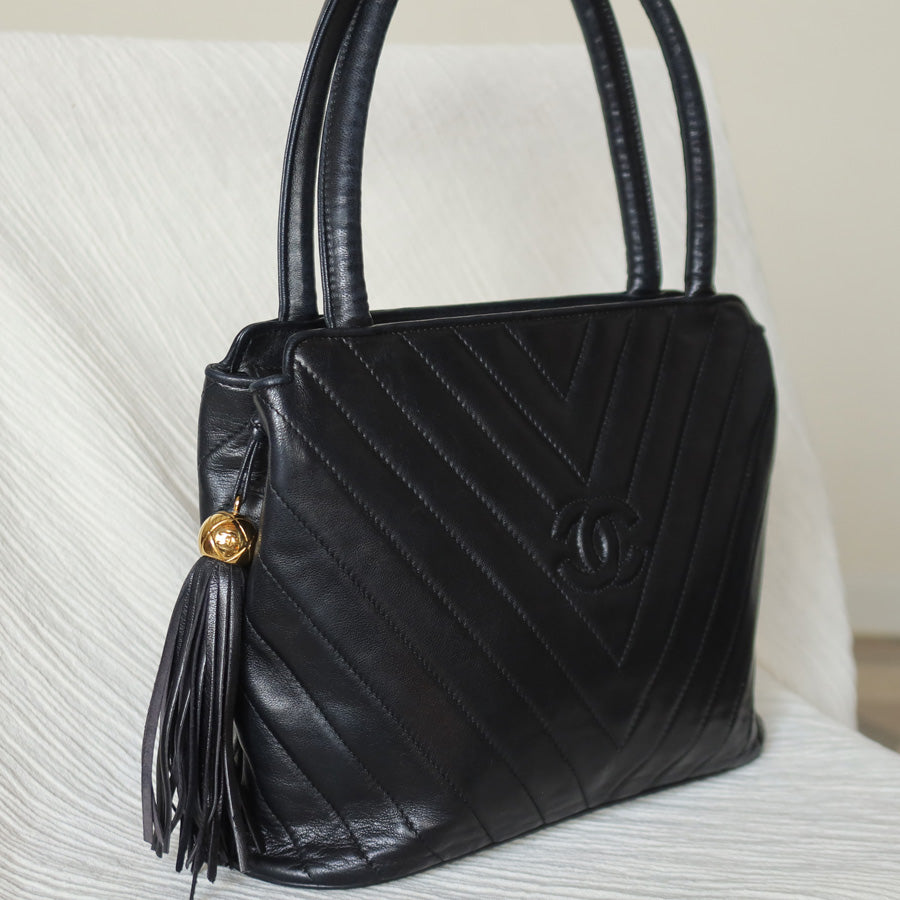 Vintage Chanel Black Lambskin V stitch Coco mark Top Handle Kelly Bag