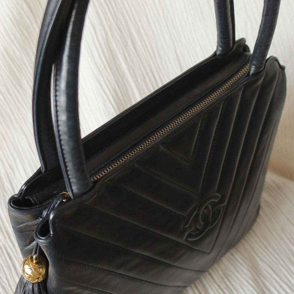 Vintage Chanel Black Lambskin V stitch Coco mark Top Handle Kelly Bag