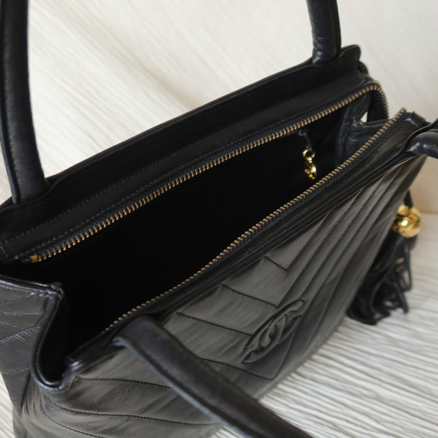 Vintage Chanel Black Lambskin V stitch Coco mark Top Handle Kelly Bag