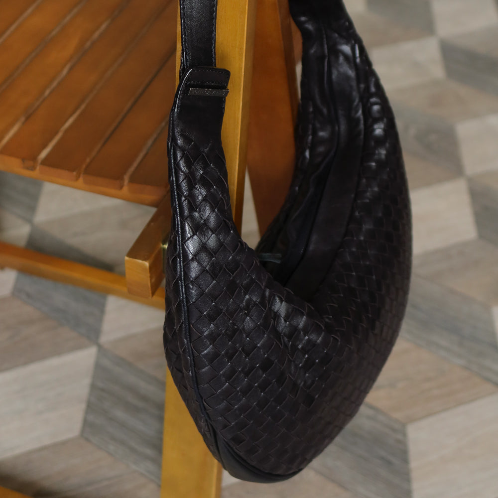 Bottega Veneta Vintage Black Intrecciato Hobo Shoulder Bag