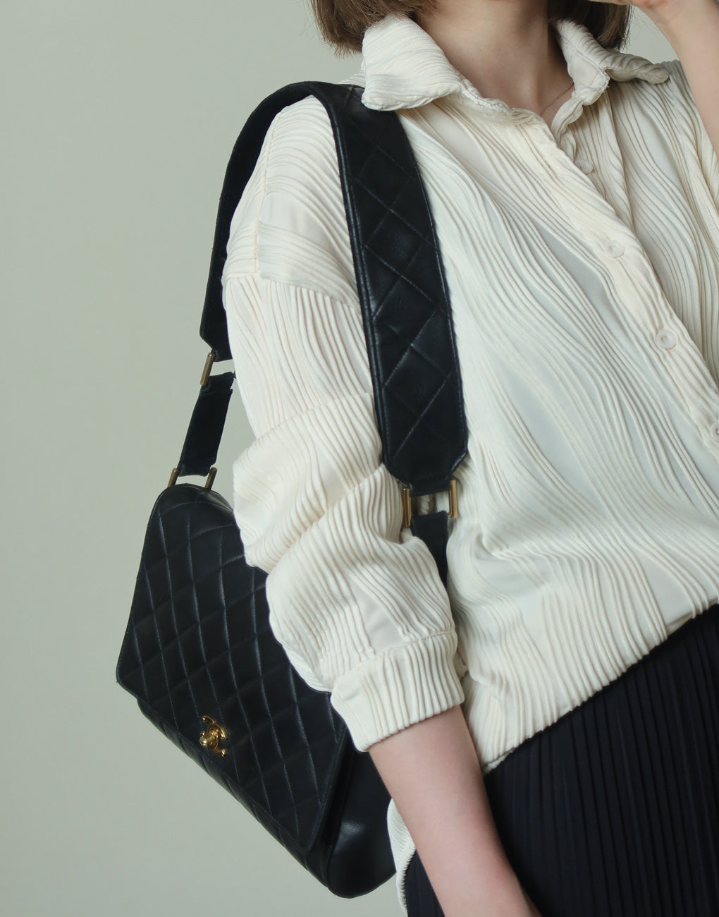 Rare Chanel Vintage Black Lambskin CC Turn Lock Double Quilted Shoulder Bag