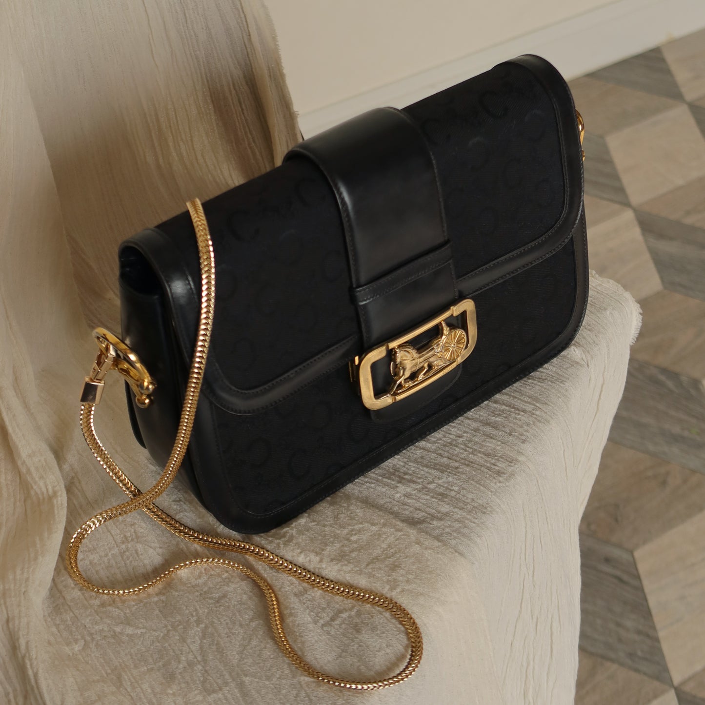 Celine Vintage Black Leather C Macadam Horse Carriage Shoulder Bag