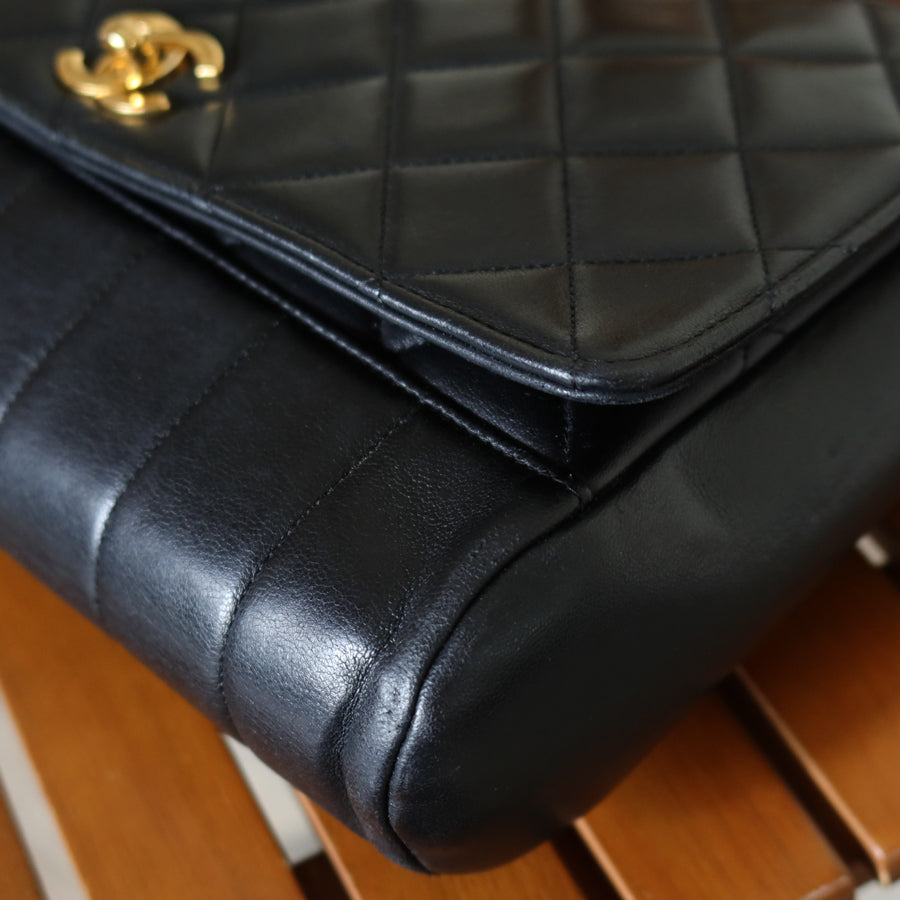 Rare Chanel Vintage Black Lambskin CC Turn Lock Double Quilted Shoulder Bag
