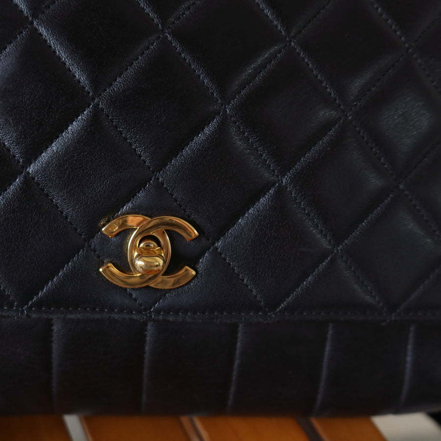 Rare Chanel Vintage Black Lambskin CC Turn Lock Double Quilted Shoulder Bag