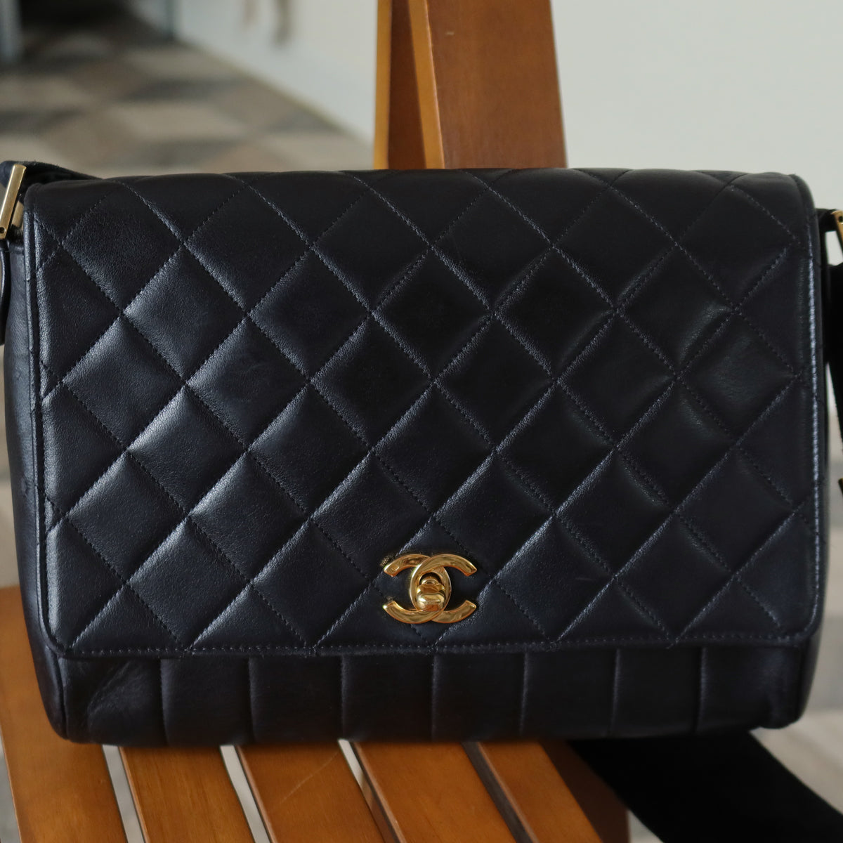 Rare Chanel Vintage Black Lambskin CC Turn Lock Double Quilted Shoulder Bag